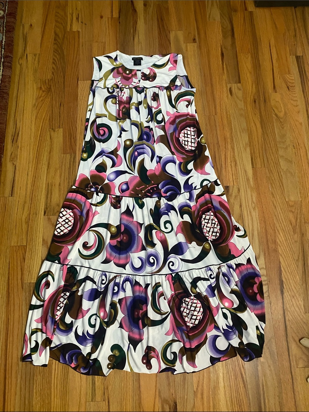 eva varro White Dress with Pink, Purple, Brown & Green Abstract Floral Print